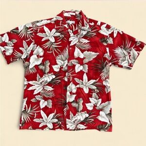 Vintage Pierre Cardin Red and White Floral Button Up Hawaiian Shirt Size Medium
